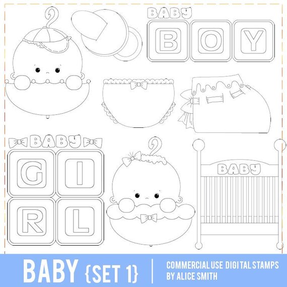 Baby Digital Stamps, Baby Line Art, Sublimation Baby PNG, Baby Shower Digital Stamps, Baby Crib, Baby in Umbrella, Line Art, Coloring