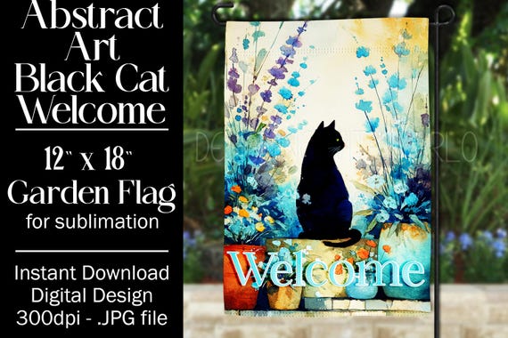 Black Cat Garden Flag Sublimation Design, 12x18 Garden Flag, Gift for Cat Lover, Sublimation Design,  Abstract Cat Garden Flag, f2