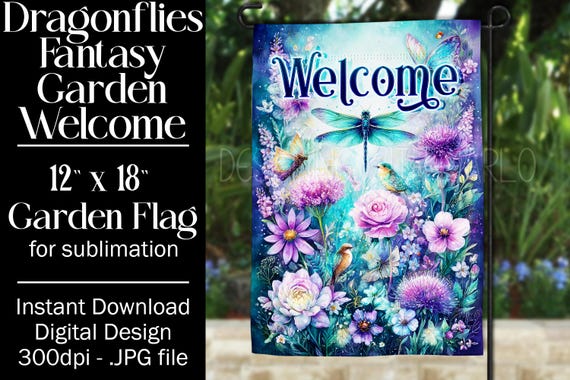 Dragonflies Garden Flag Sublimation Design, 12x18 Garden Flag, Gift for Gardener, Sublimation Garden Flag,  Floral Fantasy Garden Flag
