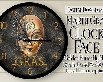 Mardi Gras Clock, Mardi Gras Clock Face, Mardi Gras Butterfly Mask Clock, Printable Clock Face, Sublimation Clock, DIY Clock, Clock Face png