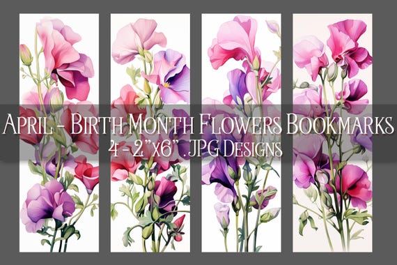April Bookmark, Floral Printable Bookmark, Sweetpea Bookmark, Spring Bookmark, Printable, JPG Bookmark, Sublimation, April Birthday