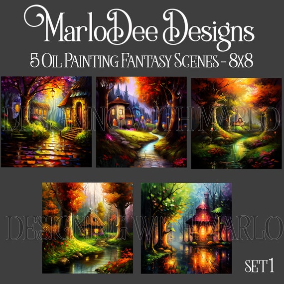 Fantasy, Fantasy Backgrounds, Fairy House, Mushroom House, Sublimation Butterflies, Oil Painting Style Backgrounds, 8x8, Card Toppers - set1