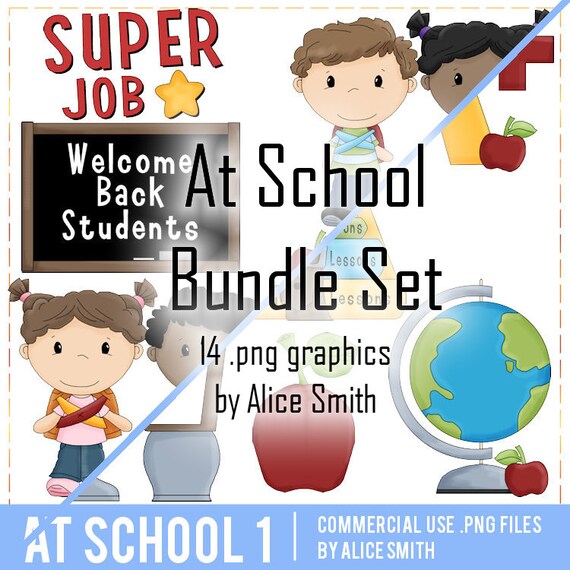 At School Clip Art Graphics | Alice Smith | Back to School | Classroom | School Desk | Student | Globe | Chaulk board | Teacher