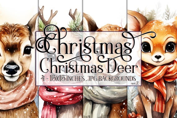 Christmas Deer Watercolor 15x15 Backgrounds, Christmas Fawn, Winter Deer Background, Holiday Deer, Deer wearing a Scarf, Sublimation Deer