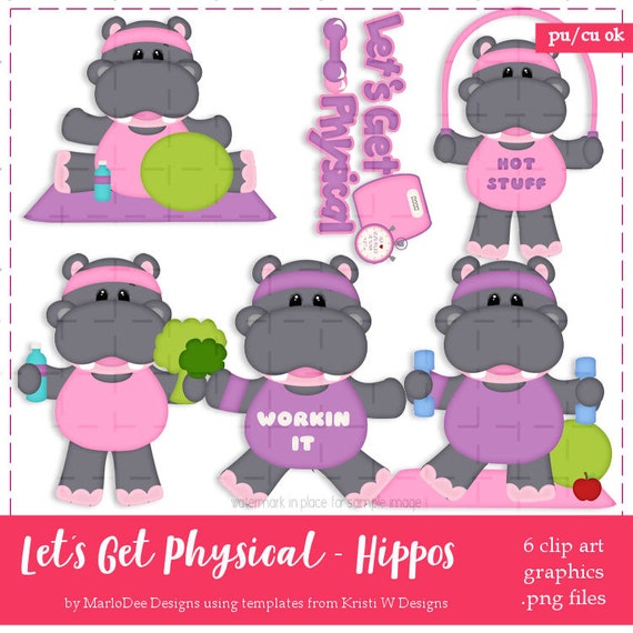 CLEARANCE - Let's Get Physical Exercising Hippos Diet Weight Loss Themed Clip Art