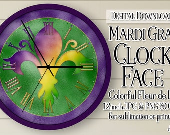 Mardi Gras Clock, Mardi Gras Clock Face, Mardi Gras Fleur de Lis Clock, Printable Clock Face, Sublimation Clock, DIY Clock, Clock Face png