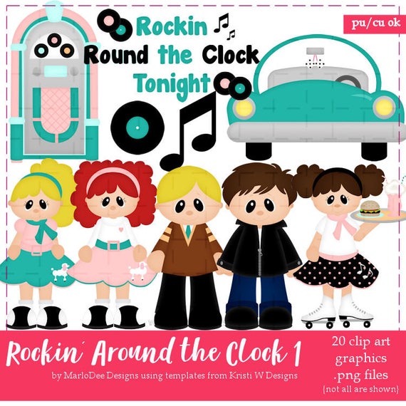 Rockin Around the Clock 50's Retro Drive In Music Juke Box Children Clip Art