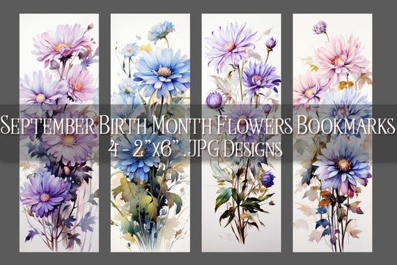 September Bookmark, Aster Flowers Printable Bookmark, Autumn Bookmark, Printable, Floral Bookmark, Sublimation, September Birthday Gift Idea