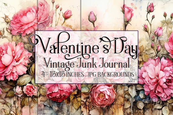 Valentine's Day, Romantic Valentine, Junk Journal Valentine, Valentine Background, Flowers, Valentine Paper, 15x15 Vintage Floral Background