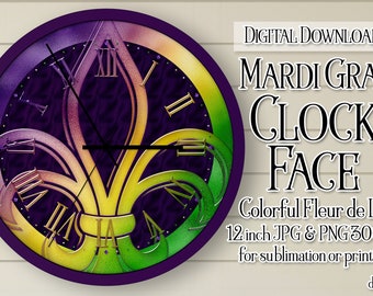 Mardi Gras Clock, Mardi Gras Clock Face, Mardi Gras Fleur de Lis Clock, Printable Clock Face, Sublimation Clock, DIY Clock, Clock Face png