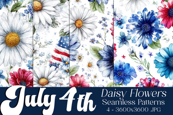 July 4th Seamless Patterns, July 4th Patterns, Daisy Patterns, July 4th Daisies, 4th of July, Country Daisy Flowers, Seamless Patterns
