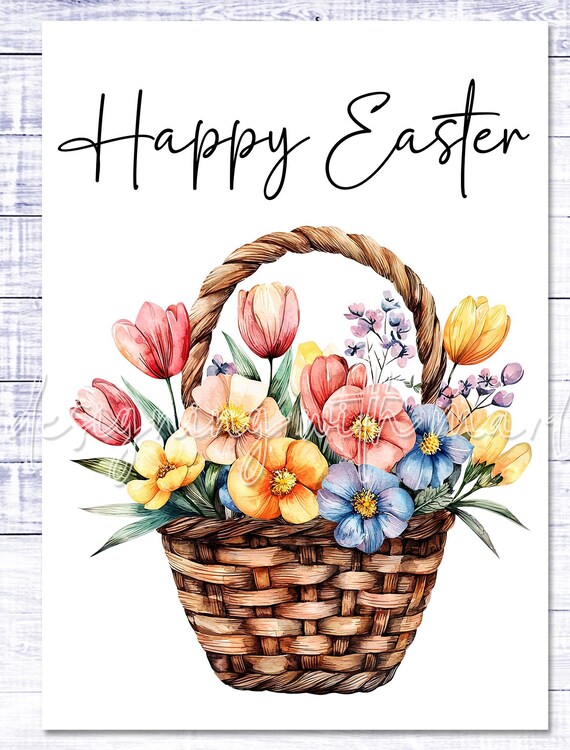 Happy Easter Card - Easter Basket - Easter Printable - 5"x7" - Greeting Card Printable - Watercolor Easter Basket Greeting Card Printable