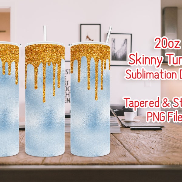 Light Blue Foil with Gold Glitter Drip Design - Tumbler Sublimation PNG Digital Design