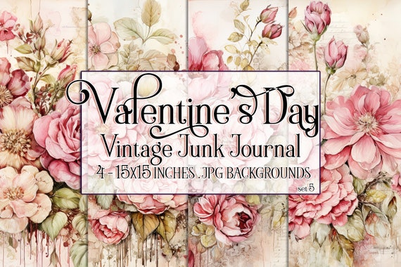 Valentine's Day, Romantic Valentine, Junk Journal Valentine, Valentine Background, Flowers, Valentine Paper, 15x15 Vintage Floral Background