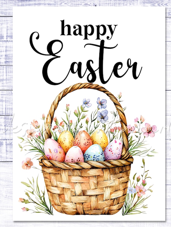 Happy Easter Card - Easter Basket - Easter Printable - 5"x7" - Greeting Card Printable - Watercolor Easter Basket Greeting Card Printable
