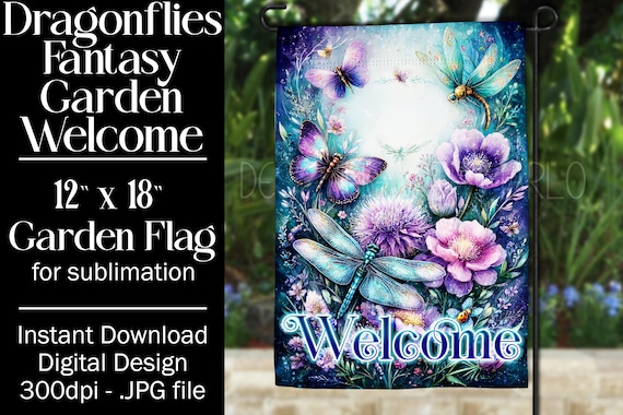 Dragonflies Garden Flag Sublimation Design, 12x18 Garden Flag, Gift for Gardener, Sublimation Garden Flag,  Floral Fantasy Garden Flag