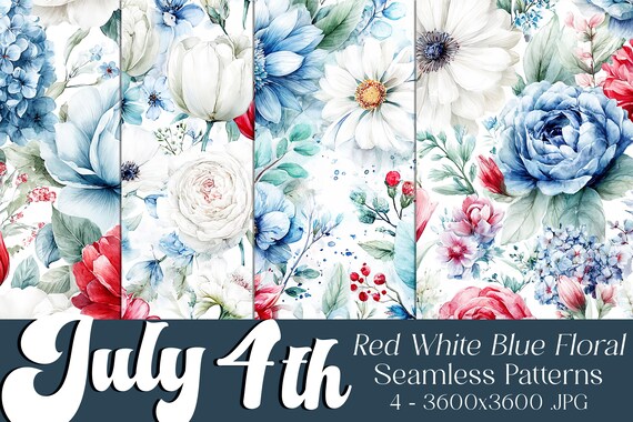 July 4th Seamless Patterns, July 4th Patterns, Red White Blue Flower Pattern, July 4th Flowers, 4th of July Flowers, Floral Seamless Pattern