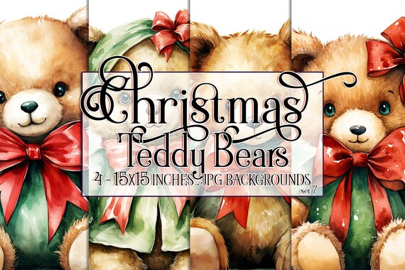 Christmas Bear Watercolor 15x15 Backgrounds, Christmas Teddy Bear, Brown Teddy Bear, Holiday Bear, Red Green, Christmas Sublimation