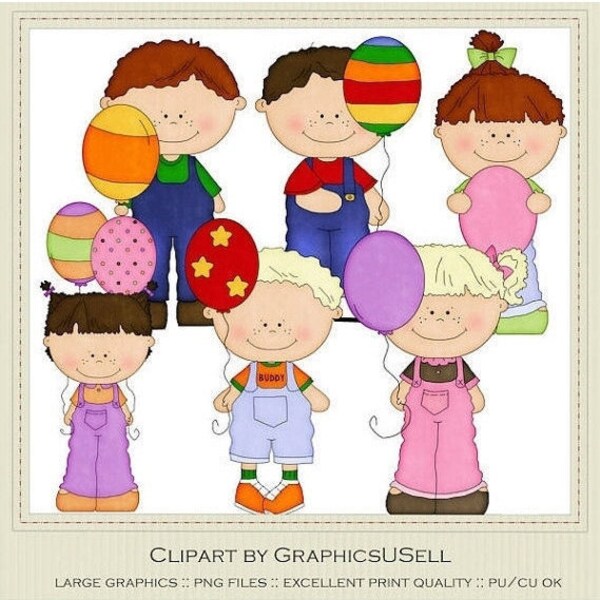 Commercial Use Balloon Babes set 1 Birthday Children Clip Art Graphics by Alice Smith