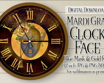 Mardi Gras Clock, Mardi Gras Clock Face, Mardi Gras Mask Clock, Printable Clock Face, Sublimation Clock, DIY Clock, Clock Face for Crafts d2