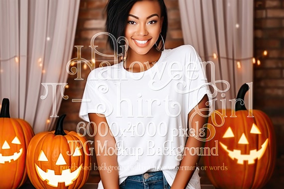 Halloween Mockup | White T-Shirt Mockup | Stock Photo | Black Woman Mockup | T-Shirt Mockup | Female Mockup | Woman Mockup | TShirt Mock Up