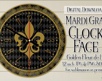 Mardi Gras Clock, Mardi Gras Clock Face, Mardi Gras Golden Fleur de Lis Clock, Printable Clock Face, Sublimation Clock, DIY Clock, d1