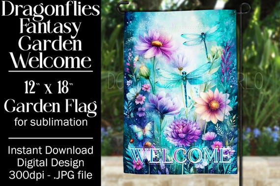 Dragonflies Garden Flag Sublimation Design, 12x18 Garden Flag, Gift for Gardener, Sublimation Garden Flag,  Floral Fantasy Garden Flag