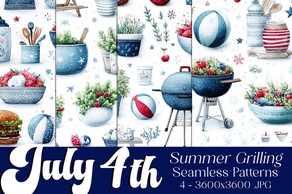 July 4th Seamless Patterns, July 4th Patterns, BBQ Patterns, July 4th Grilling, 4th of July BBQ Grilling Seamless Patterns, Cook Out Pattern