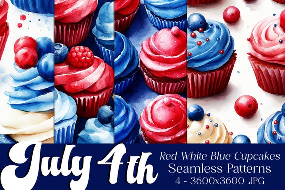 July 4th Seamless Patterns, July 4th Patterns, Red White Blue Cupcakes Pattern, July 4th Cupcakes, 4th of July, 4th of July Cupcake Patterns