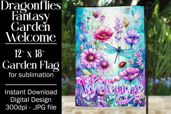 Dragonflies Garden Flag Sublimation Design, 12x18 Garden Flag, Gift for Gardener, Sublimation Garden Flag,  Floral Fantasy Garden Flag