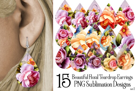 Beautiful Floral Teardrop Earring .PNG Sublimation Designs, Rose Earrings, Earring Sublimation Designs, Earring PNG, Elegant Earring Designs