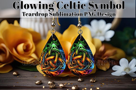 Glowing Celtic Watercolor Teardrop Earring Digital Design, Celtic Earring, Irish Earring Teardrop Sublimation Design, St Patrick's Day PNG