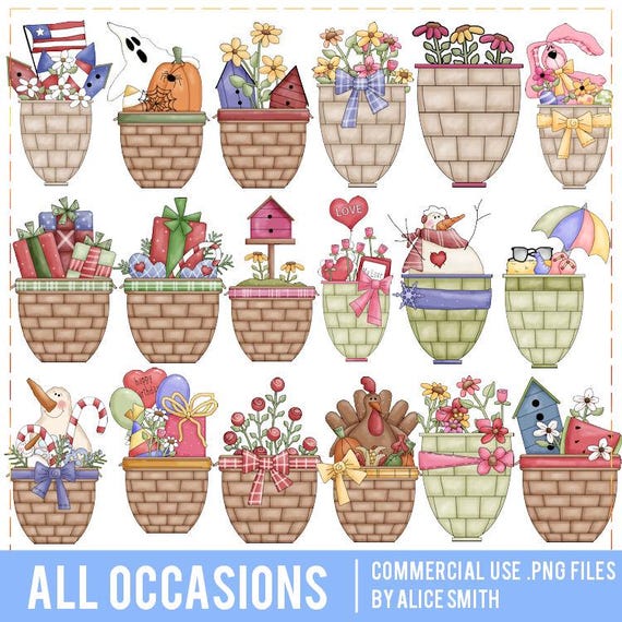 All Occasions Clipart from Alice Smith, Gift Baskets, Christmas Basket, July 4th Basket, Easter Basket, Spring Basket, Summer Basket,