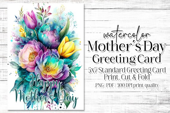 Happy Mother's Day Card - Card for Mom - Mother's Day Printable - 5"x7" - Greeting Card Printable - Watercolor Floral Printable Card