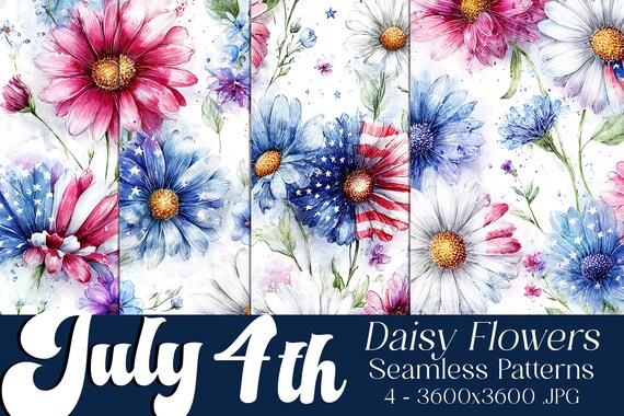 July 4th Seamless Patterns, July 4th Patterns, Daisy Patterns, July 4th Daisies, 4th of July, Country Daisy Flowers, Seamless Patterns