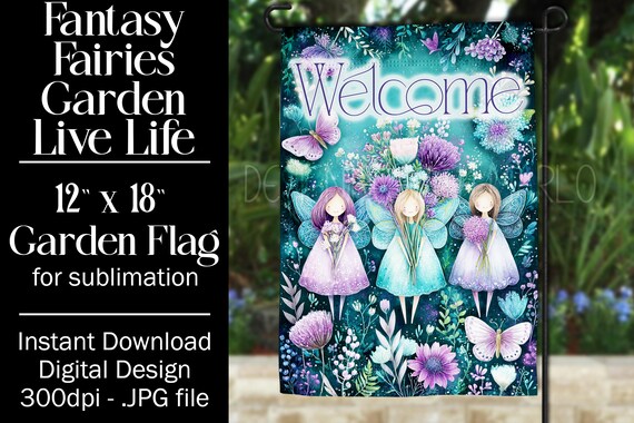 Fairies Garden Flag Sublimation Design, 12x18 Flag, Sublimation Fairy, Sublimation Garden Flag,  3 Fairies Welcome Garden Flag Background