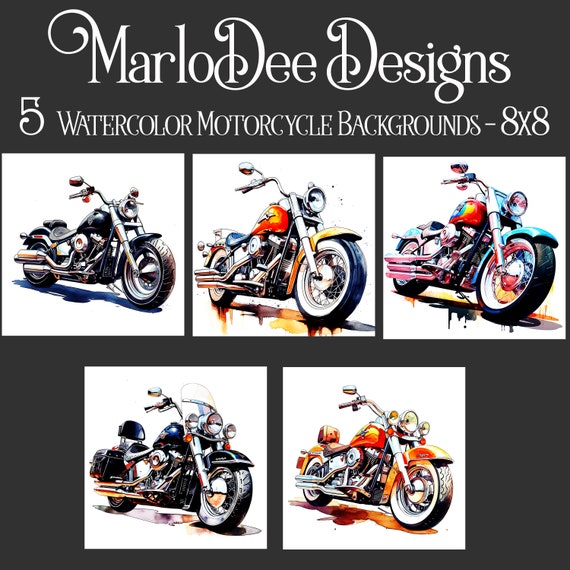 Motorcycle Backgrounds, Father's Day, Bike Sublimation, Watercolor Motorcycle Style Backgrounds, 8x8, Card Toppers, Watercolor Bikes, Harley