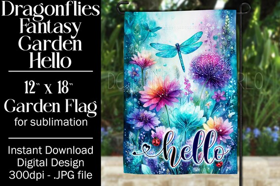 Dragonflies Garden Flag Sublimation Design, 12x18 Garden Flag, Gift for Gardener, Sublimation Garden Flag,  Floral Fantasy Garden Flag