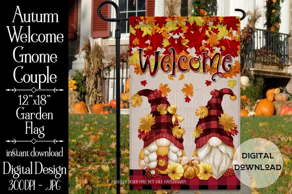 Autumn Gnome Family Garden Flag - Gnome Couple - 12'x18" - Welcome Garden Flag Sublimation Design - Plaid Garden Flag