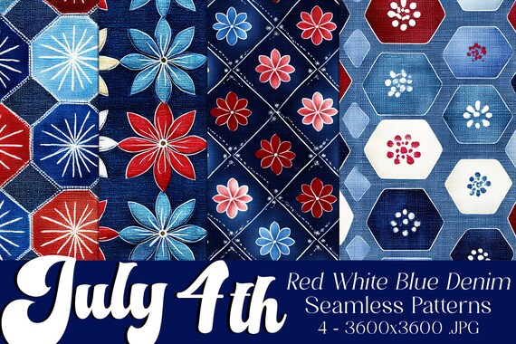 July 4th Seamless Patterns, July 4th Patterns, Denim Patterns, July 4th Geometric, 4th of July Denim, Denim Geometric Seamless Patterns