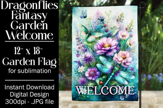 Dragonflies Garden Flag Sublimation Design, 12x18 Garden Flag, Gift for Gardener, Sublimation Garden Flag,  Floral Fantasy Garden Flag