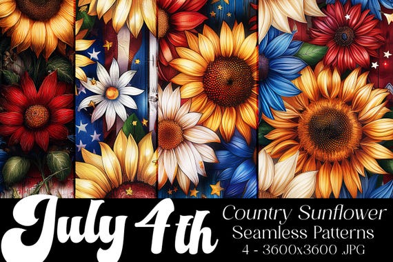 July 4th Seamless Patterns, July 4th Patterns, Sunflower Patterns, July 4th Sunflowers, 4th of July, Country Sunflowers, Seamless Patterns