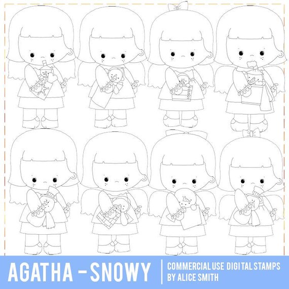 Agatha Angels Digital Stamps, Snowman Digital Stamps, Digi Stamps, Line Art, Coloring, Sublimation PNG, Alice Smith Digital Stamps