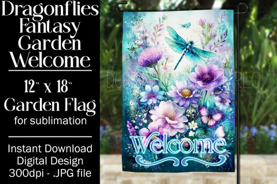 Dragonflies Garden Flag Sublimation Design, 12x18 Garden Flag, Gift for Gardener, Sublimation Garden Flag,  Floral Fantasy Garden Flag, f2