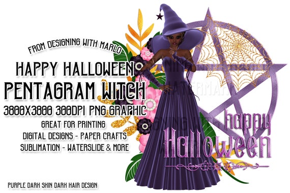 Happy Halloween Purple Pentagram Witch PNG Graphic, African American Witch, Dark Skin, Purple Flowers, Autumn Witch, Pink Flowers