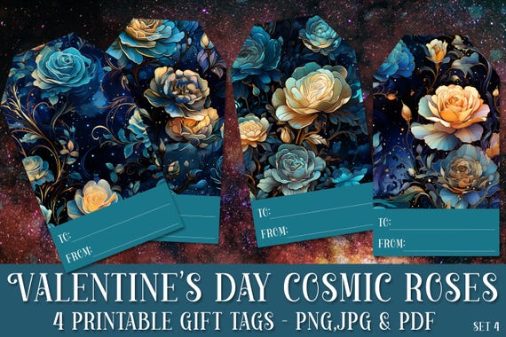Valentine's Day Gift Tags | Valentine's Day Floral Gift Tags | Valentine's Day Printable | Valentine's Day Package Sticker | Cosmic Roses