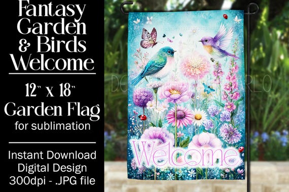 Fantasy Floral Garden Flag Sublimation Design - 12x18 Garden Flag - Gift for Gardener - Sublimation Design Garden Flag, Bird Garden Flag, 10