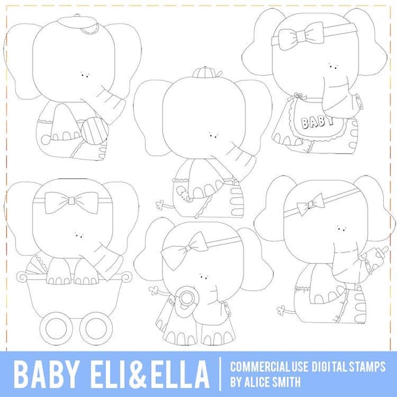 Baby Eli and Ella Digital Stamps, Baby Elephant Digital Stamps, Elephant Digi Stamps, Safari Animal, Wild Animal, Line Art, Black and White,