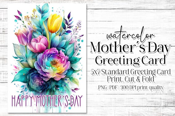 Happy Mother's Day Card - Card for Mom - Mother's Day Printable - 5"x7" - Greeting Card Printable - Watercolor Floral Printable Card