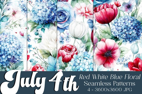 July 4th Seamless Patterns, July 4th Patterns, Red White Blue Flower Pattern, July 4th Flowers, 4th of July Flowers, Floral Seamless Pattern
